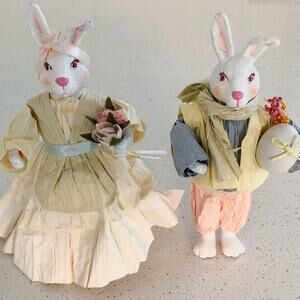 Vintage Easter Bunny Couple Cornhusk Figurines